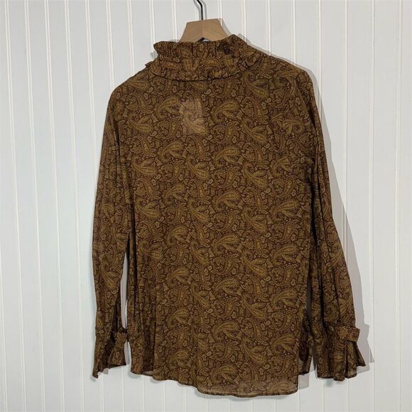 Soft Surroundings Blouse L NWT Brown Gold Paisley Ruffle Collar Long Sleeve Boho - Picture 4 of 8